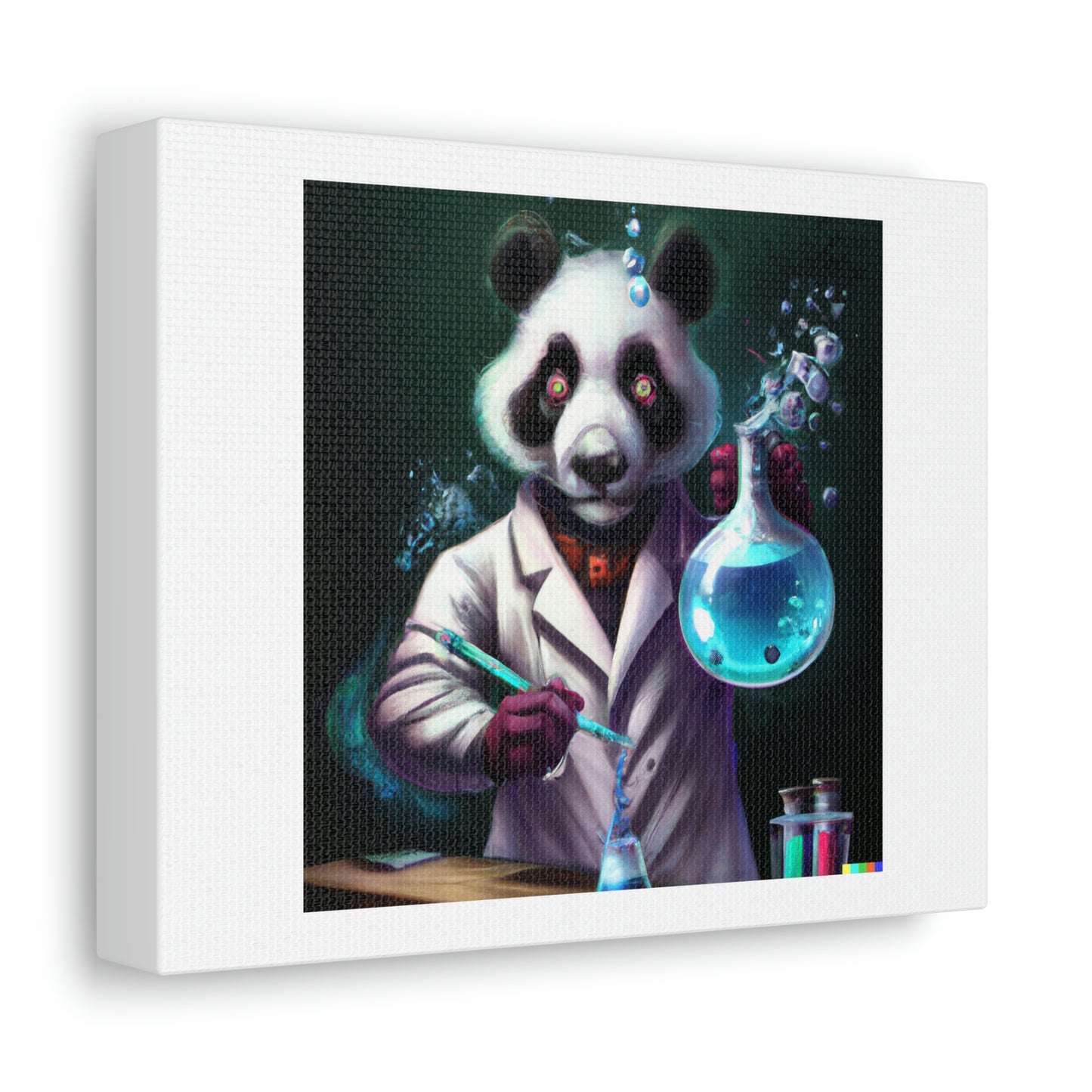 Panda Mad Scientist Mixing Sparkling Chemicals, art numérique 'Designed by AI' on Canvas