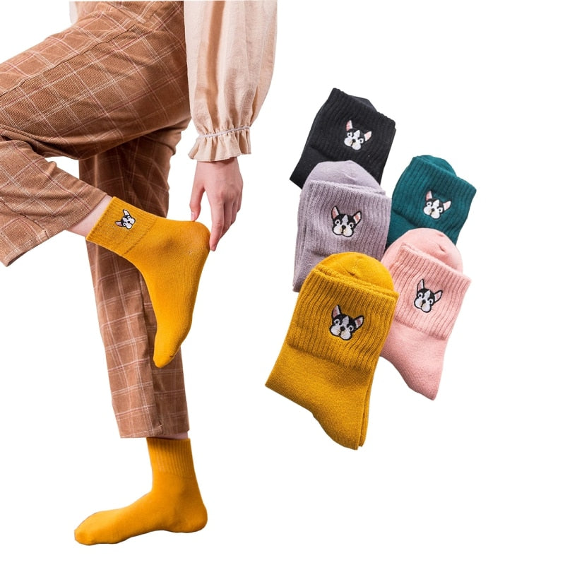 Chaussettes brodées bouledogue français pour femme